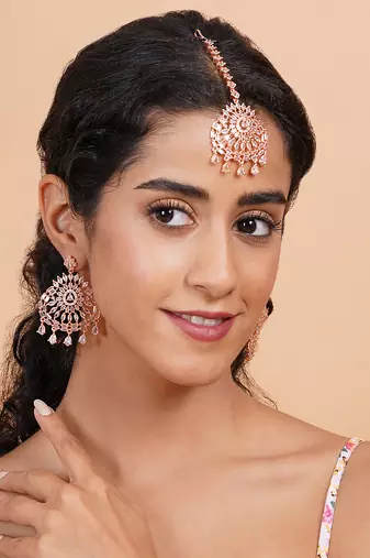 Aurora luxe rose gold-plated cz-ad earrings-maangtikka set for weddings