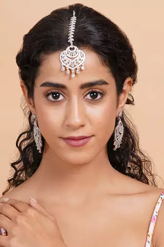 Celestial spark silver-plated earrings-maangtikka set