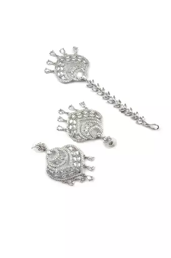 Celestial spark silver-plated earrings-maangtikka set
