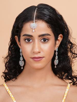 Silver-plated radiant royale ad-cz earrings-maangtikka set 2