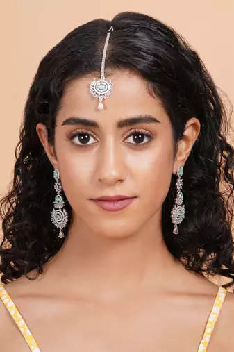 Silver-plated radiant royale ad-cz earrings-maangtikka set