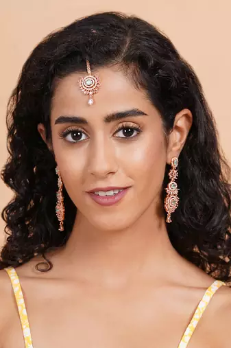 Rose gold-plated radiant royale ad-cz earrings-maangtikka set