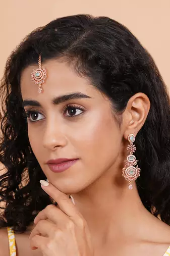 Rose gold-plated radiant royale ad-cz earrings-maangtikka set