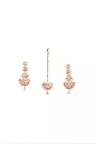 Rose gold-plated radiant royale ad-cz earrings-maangtikka set