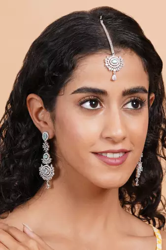 Silver-plated radiant royale ad-cz earrings-maangtikka set