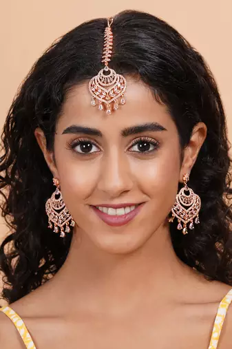 Celestial spark rose gold-plated earrings-maangtikka set