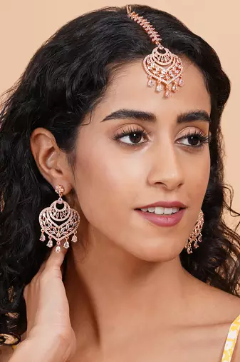 Celestial spark rose gold-plated earrings-maangtikka set
