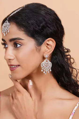 Celestial spark silver-plated earrings-maangtikka set