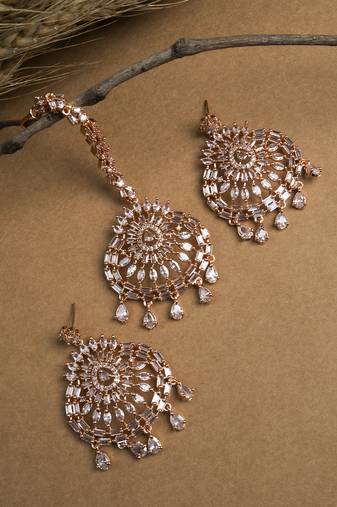Aurora luxe rose gold-plated cz-ad earrings-maangtikka set for weddings