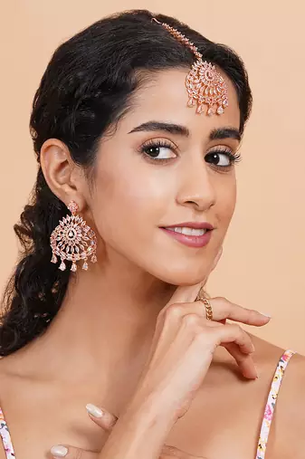 Aurora luxe rose gold-plated cz-ad earrings-maangtikka set for weddings