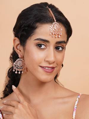 Aurora luxe rose gold-plated cz-ad earrings-maangtikka set for weddings 3