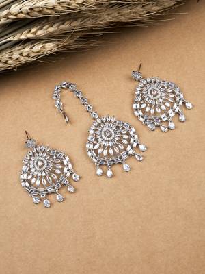 Aurora luxe silver-plated cz-ad earrings-maangtikka set for weddings 1