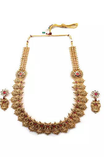 Temple style red kemp studded long coin haram set