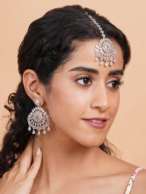 Aurora luxe silver-plated cz-ad earrings-maangtikka set for weddings 3
