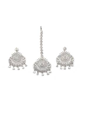 Aurora luxe silver-plated cz-ad earrings-maangtikka set for weddings 4