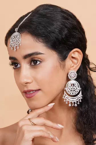 Premium designer silver-plated cz earrings-maangtikka set