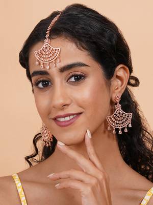 Rose gold-plated regal glimmer cz earrings-maangtikka set for perfect party look 2