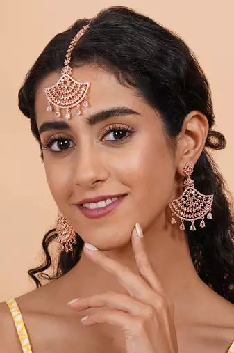 Rose gold-plated regal glimmer cz earrings-maangtikka set for perfect party look