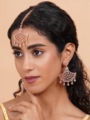 Rose gold-plated regal glimmer cz earrings-maangtikka set for perfect party look 3
