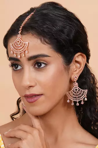 Rose gold-plated regal glimmer cz earrings-maangtikka set for perfect party look