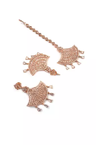Rose gold-plated regal glimmer cz earrings-maangtikka set for perfect party look