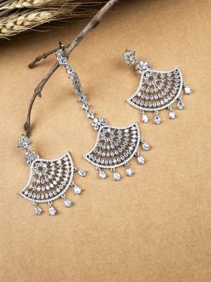 Silver-plated regal glimmer cz earrings-maangtikka set for perfect party look 1