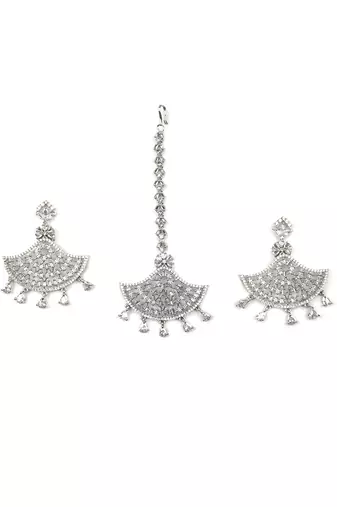 Silver-plated regal glimmer cz earrings-maangtikka set for perfect party look