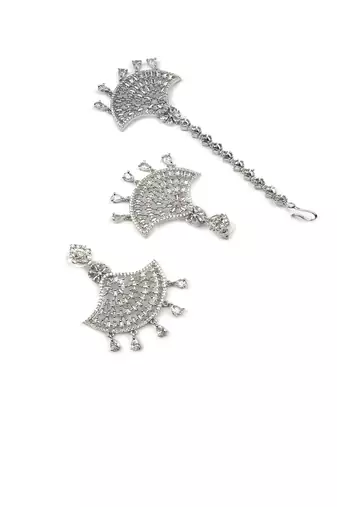 Silver-plated regal glimmer cz earrings-maangtikka set for perfect party look