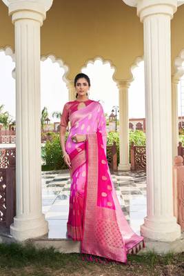 Pink Feather Woven Gold Zari Banarasi Soft Georgette Saree 2