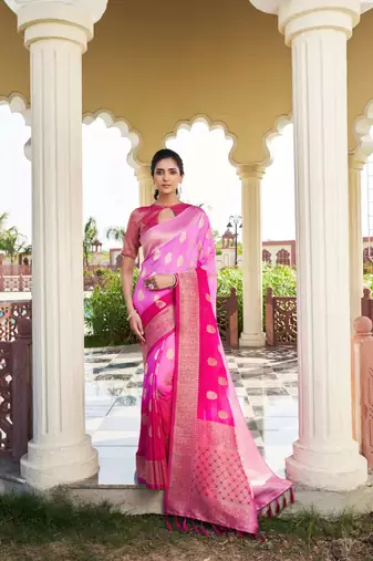 Pink Feather Woven Gold Zari Banarasi Soft Georgette Saree