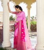 Pink Feather Woven Gold Zari Banarasi Soft Georgette Saree