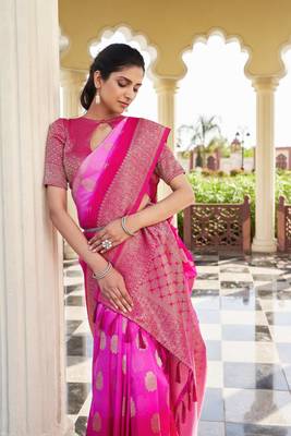 Pink Feather Woven Gold Zari Banarasi Soft Georgette Saree 3