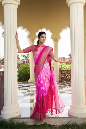 Pink Feather Woven Gold Zari Banarasi Soft Georgette Saree