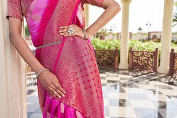 Pink Feather Woven Gold Zari Banarasi Soft Georgette Saree 5