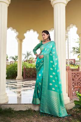 Sea Green Woven Gold Zari Banarasi Soft Georgette Saree 1