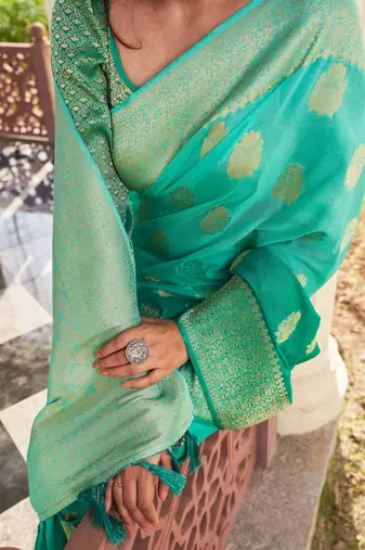 Sea Green Woven Gold Zari Banarasi Soft Georgette Saree