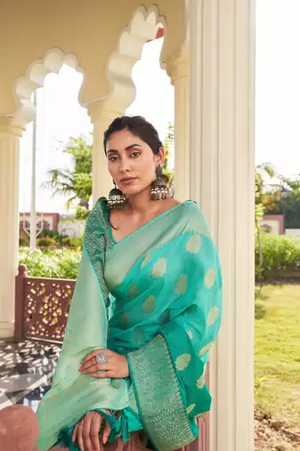 Sea Green Woven Gold Zari Banarasi Soft Georgette Saree
