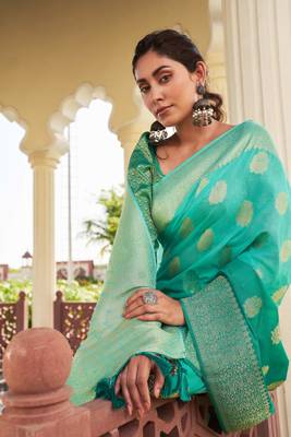 Sea Green Woven Gold Zari Banarasi Soft Georgette Saree 5