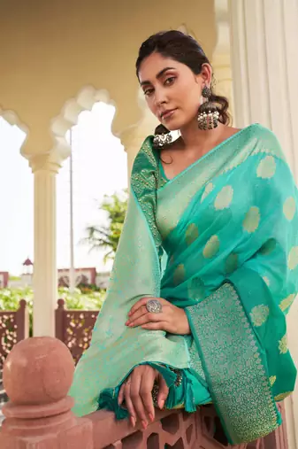 Sea Green Woven Gold Zari Banarasi Soft Georgette Saree