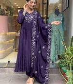 Women's Chinnon Fabric Straight Kurta, Pant and Dupatta Set