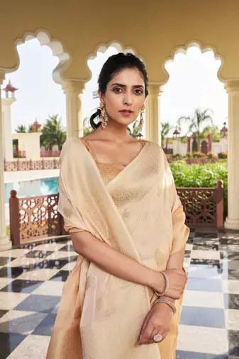 Beige Woven Gold Zari Banarasi Soft Georgette Saree