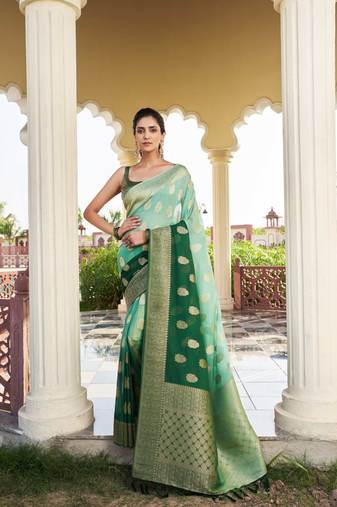 Green Woven Gold Zari Banarasi Soft Georgette Saree