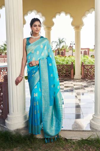 Aqua Blue Feather Woven Gold Zari Banarasi Soft Georgette Saree