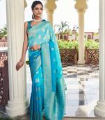 Aqua Blue Feather Woven Gold Zari Banarasi Soft Georgette Saree