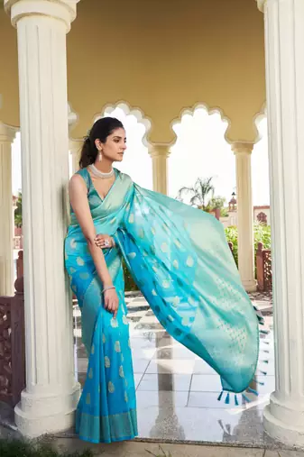 Aqua Blue Feather Woven Gold Zari Banarasi Soft Georgette Saree