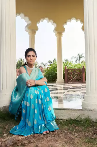 Aqua Blue Feather Woven Gold Zari Banarasi Soft Georgette Saree