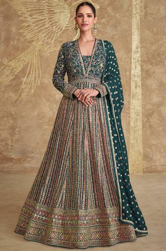 royal green heavy embroidered georgette anarkali suit for women