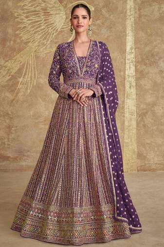 royal purple heavy embroidered georgette anarkali suit for women