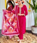 Women's Viscose Chanderi Straight Kurta, Pant and Dupatta Set