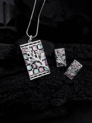 Silver plated square multicolor ad pendant set with earrings 2